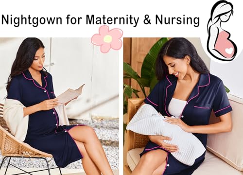 Image of Ekouaer Nightgowns for Women Button Down Sleepshirt Short Sleeve Nightshirt Boyfriend Pajamas V Neck Nightdress S-XXXL