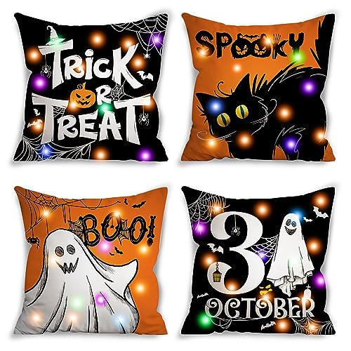 Lighted Cat Halloween Pillow Covers, LED Orange Halloween Decor 18x18, Light Up Ghost Cat Halloween Decorations for Home, Decorative Throw Pillow Covers Set 4, Boo Home Decor for Indoor Couch Patio
