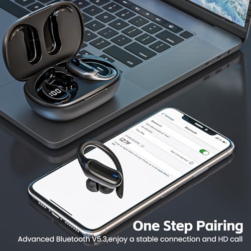 TRAUSI Wireless Earbuds Bluetooth Kopfhörer, Bluetooth 5.3 Stereo Over Ear Buds, Noise Cancelling Mic, IPX7 Waterproof Headset für Workout/Laufen, Schwarz