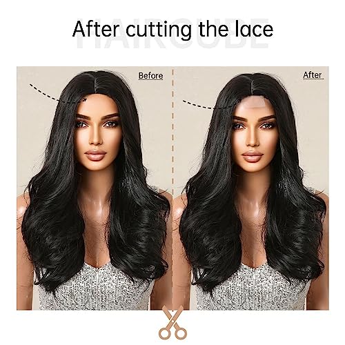 Image of El Cabell Black Wigs For Women Long Natural Hair Body Wave Middle Part Wig Lace In Forehead Synthetic Wig Glueless Wigs For Daily Part Use