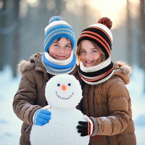 Image of Kids Winter Hat Gloves Scarf Set: Girls Boys Beanie Fleece Lined Ages 6-10