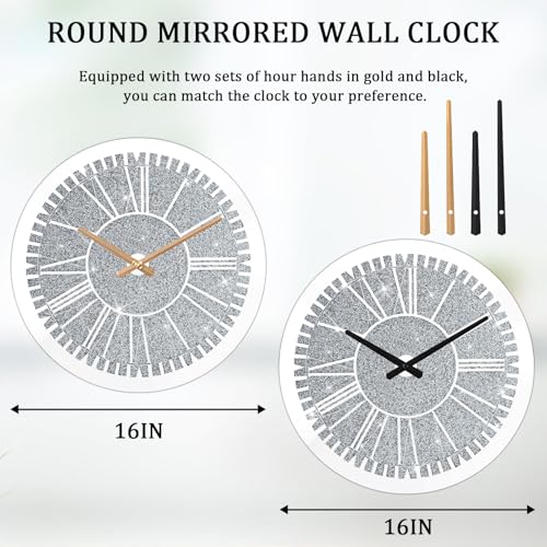 Feufoam Crushed Diamond Wall Clock Crystal Twinkle Wall Hanging Clocks 16X16 Inch Modern Silver Glass Mirror Clock For Living Room Bedroom Dining Room Decorative,Aa Battery Not Included thumb #5