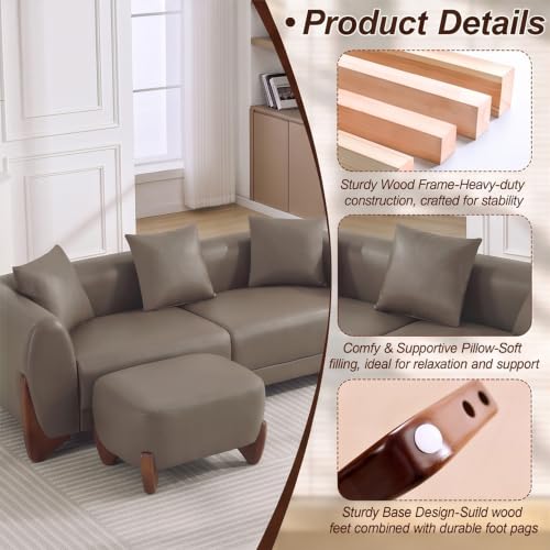 Image of 87 inch Faux Leather Cloud Couch with Ottoman, Modern 3 Seater Sofa with Solid Wood Legs 25 inch Extra Deep Seat Comfy Thick Cushion Upholstered Sofa Couches with 3 Pillows for Living Room, Tan