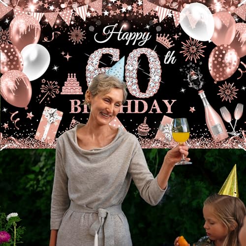 Image of Avezano Happy 60th Birthday Banner for Women Black and Rose Gold Glitter Balloon 60 Birthday Party Backdrop 60 Year Old Bday Photo Backdrop Party Supplies 70.8 x 43.3 Inch