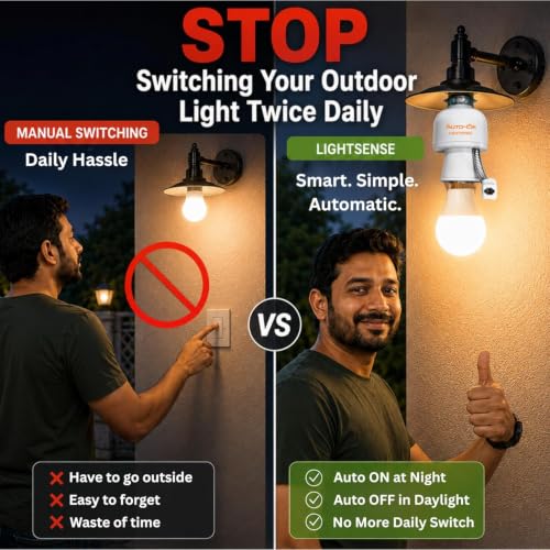 Image of Auto-ON LightSense Automatic Day /Night Sensor Holder, B22 Base, Auto ON at Night & OFF in Daylight, Flexible Sensor Design, for Outdoor Lights (One Year Warranty) (Made in INDIA) Pack Of 2