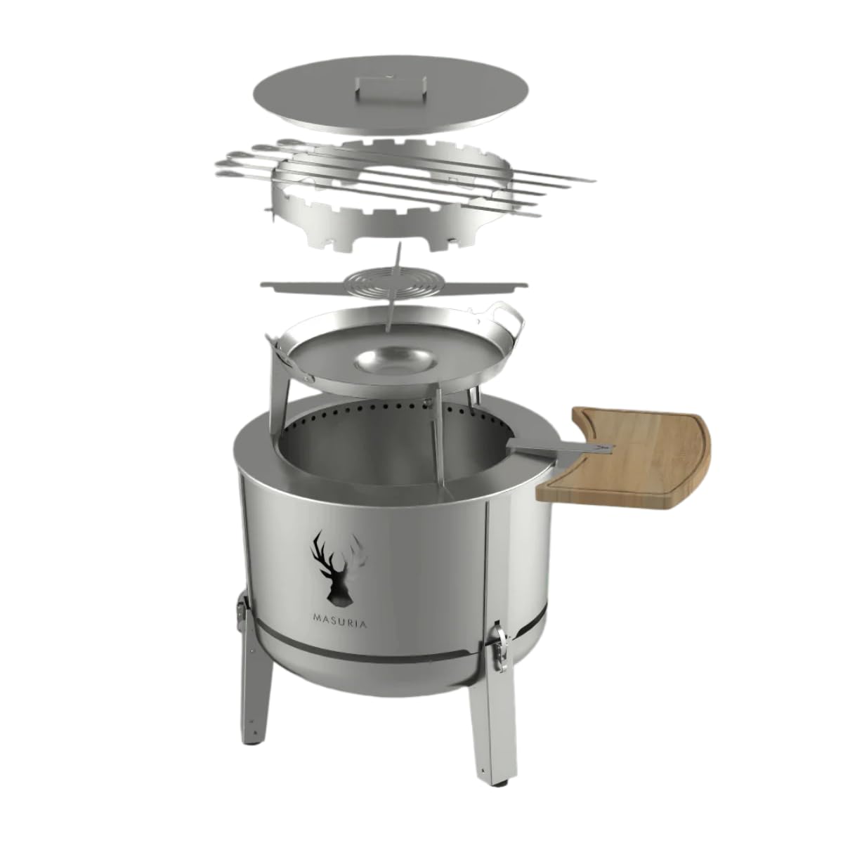 Masuria Brasero Exterieur sans fumée 60cm⌀ Alpha 600 - Croix de Pot, Bar, Plancha, Couvercle, Brochettes Inclus - Réduction de fumée brevetée jusqu'à 95% - Fabriqué dans l'UE - Pieds réglables