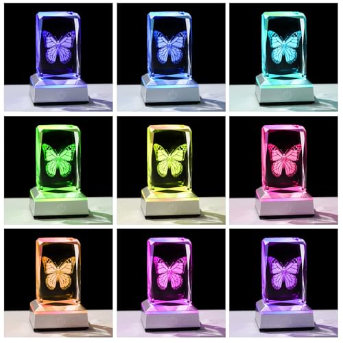 Image of 3D Crystal Butterfly for Mom Women or Men, Laser Etched Glass Butterfly Figurine Decor Stuff with Colorful LED Base Nature Lovers Keepsakes Paperweight Gifts for Birthday