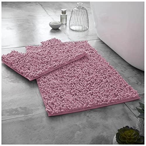 GC GAVENO CAVAILIA Soft Bath Mat Sets For Bathroom | 2 Piece Bath Mat Non Slip Back | Highly Water Absorbent & Fast Drying 100% Microfiber Chenille Toilet Rug with Pedestal Mat | Blush Pink