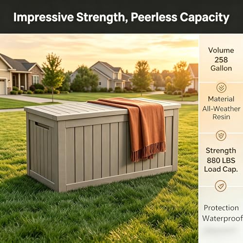 Image of Large 258 Gallon Resin Deck Box, Heavy Duty Lockable Patio Storage Box Outdoor, Waterproof Tool Box for Garden Furniture Cushions & Pool Supplies, Wood Grain Outdoor Storage Bench for Backyard