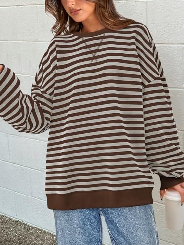 Image of PRETTYGARDEN Womens Striped Oversized Sweatshirt Color Block Crew Neck Long Sleeve Casual Loose Pullover Top Y2K Clothes