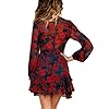 UGUEST Women Long Sleeve V Neck Dress Floral Mini Swing Party Wedding Dress with Belt Charcoal Red L