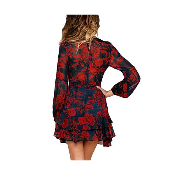 UGUEST Women Long Sleeve V Neck Dress Floral Mini Swing Party Wedding Dress with Belt Charcoal Red L