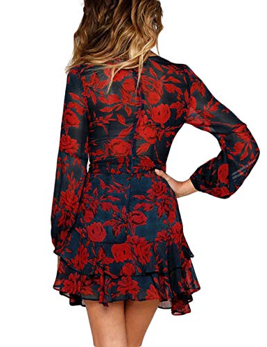 UGUEST Women Long Sleeve V Neck Dress, Floral Mini Cocktail Party Wedding Guest Dress with Belt - Image 4