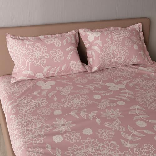 Image of BlissHome Bedsheet for King Size Bed, Floral Aesthetic Printed Bed Sheets with Pillow Covers Set, Soft Microfiber Home Decor, 1 Flat Sheet 106x106 & 2 Pillowcases 17x27, Grace Collection (Peach)
