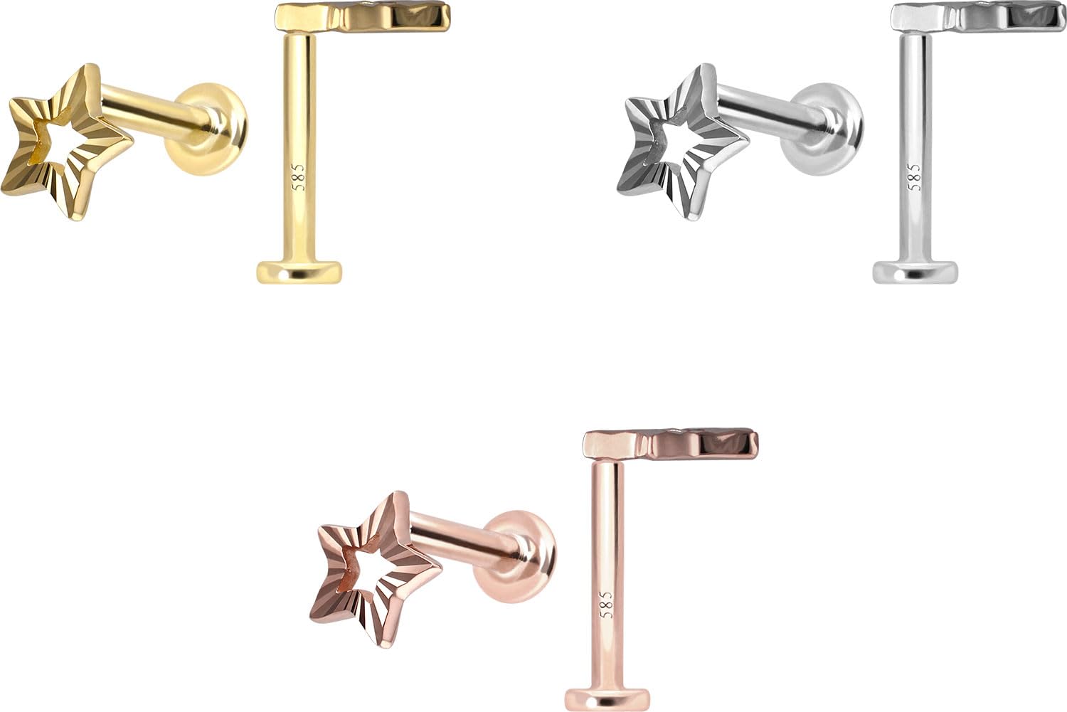 PIERCINGLINE Piercing Stecker 14 Gold Labret mit Push Fit STERN 585er Gold - Roségoldfarben, Goldfarben, Silberfarben