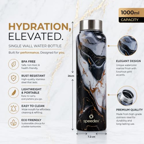 Image of Speedex Stainless Steel Printed Water Bottle 1 Ltr 1000 ml, BIS Approved, Leak Proof Screw Cap Bottle for Office, School, Travel, Daily Use for Men, Women, Kids, Adults, Midnight Marble, Set of 3
