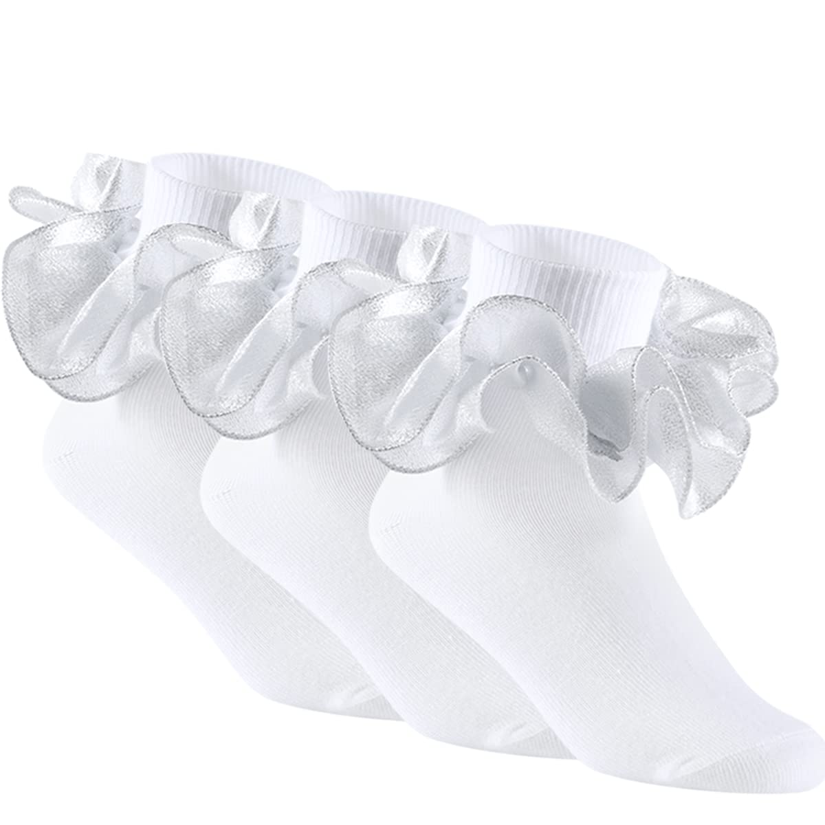 Yepami 3 Pairs Girls Ruffle Socks Big Double Lace Frilly Trim Dress Socks