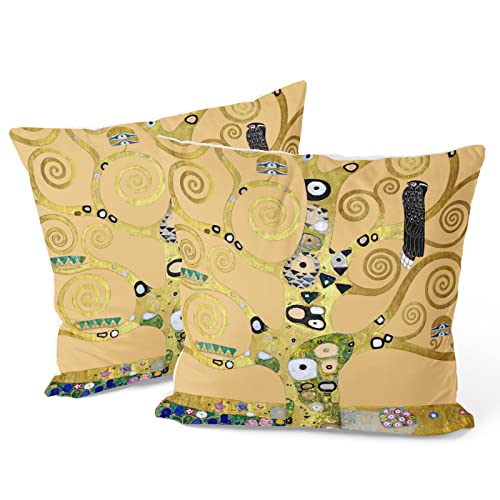 Berkin Arts Decorativa Funda de cojín 45x45 cm, Juego de 2 Piezas Funda de Almohada Diseño de Vintage Arte Decor Suave Cushion Cover. Multicolor Caqui para Sala (Gustav Klimt-Árbol de la Vida)