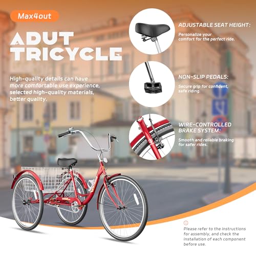 Image of Max4out Adult Tricycle with Large Basket 24 /26 Inch, Stable 3 Wheel Cruise Bicycle for Shopping, Beach and City Trike Perfect for Men, Women, Seniors(Blue /Purple /Red)