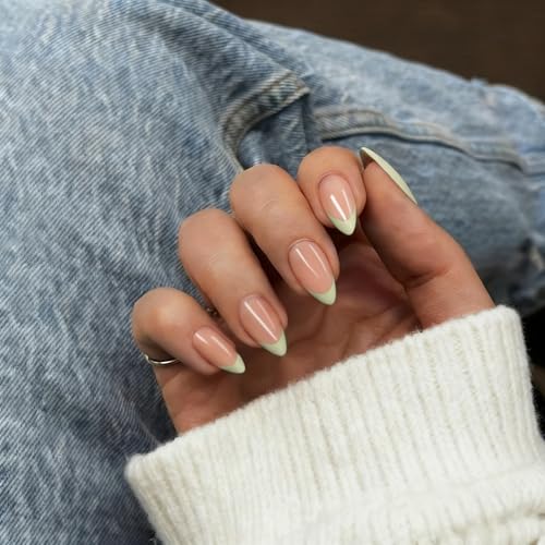French Tip Press On Nails Short Almond, Macha Green French Tip Na...
