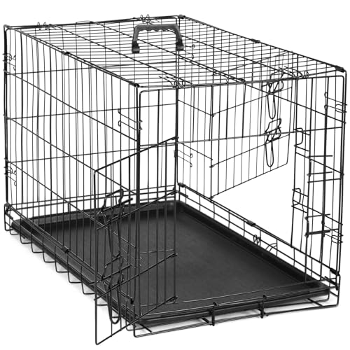 DUMOS Dog Crate, 36 Inch Medium Double Door Dog Cage with Plastic Leak-Proof Pan Tray, Folding Metal Wire Pet Kennel for Indoor, Outdoor, Travel, Black