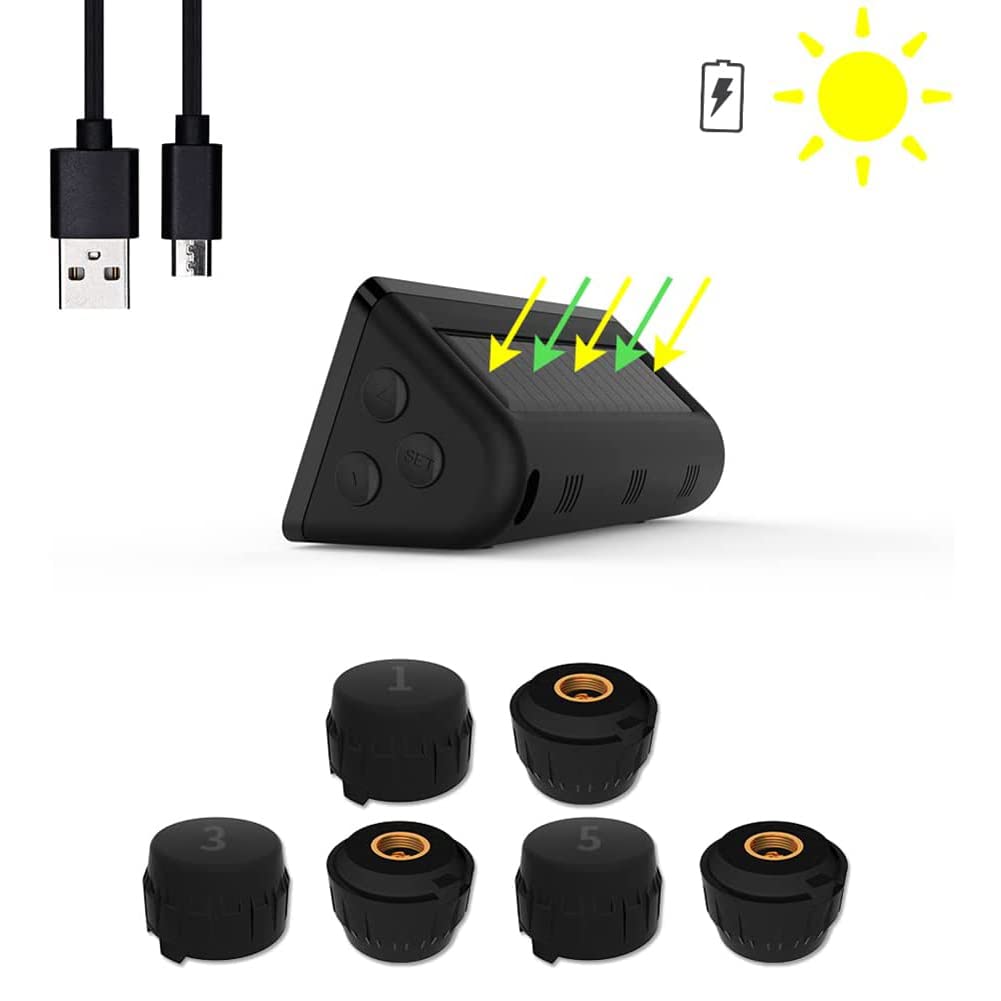 RUONIAN TPMS System monitorowania ciśnienia w oponach zasilanych energią słoneczną, z 6 zewnętrznymi czujnikami, wyświetlaczem LCD w czasie rzeczywistym i funkcją alarmu do kamperów, samochodów