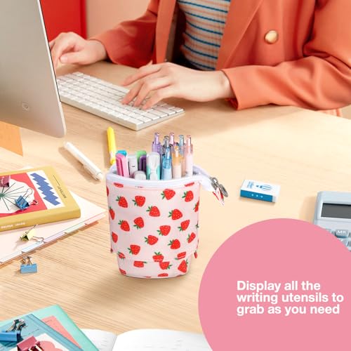 Image of Cute Standing Pencil Case Pen Holder for Kids, Pop Up Stand UP Bubble Tea Pen Organizer Kawaii Stationary for Christmas Holiday New Year Office (Strawberry)
