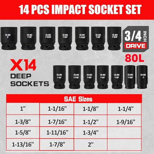 Image of TONYNOL 3 /4 Inch Drive Deep Impact Socket Set,6-Point,SAE Sizes(1 inch-2 inch),14 PCS,Cr-Mo Steel,Heavy Duty Impact Sockets for Automotive & Industrial Machinery,With a Storage Case