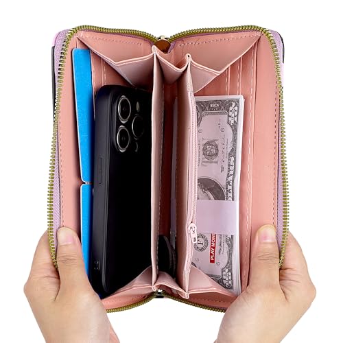 Pink Cow Print Wallet for Women - Long Zip Around Clutch with Wristlet, Credit Card Organizer and Phone Holder2