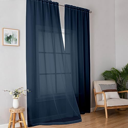Image of Simplebrand Blue Sheer Curtains 96 Inches Long, Light Filtering Rod Pocket Solid Color Window Sheer Curtain Panels, Elegant Curtains & Drapes for Bedroom 2 Panels (Navy Blue, 42 inch W x 96 inch L)