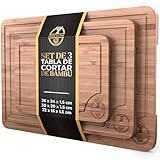 Deer & Oak Set de 3 tabla cortar cocina bambú con asas y ranuras, tabla de cortar madera pre-aceitada, tablas de cocina 33x24 28x20 22x15 cm, chopping board ecológica