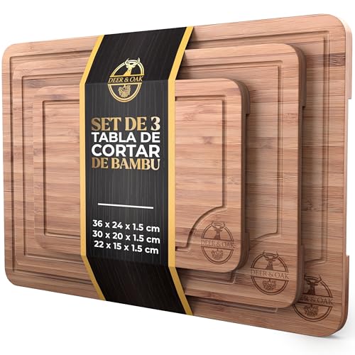 Deer Oak Set De 3 Tabla Cortar Cocina Bambú Con Asas Y Ranuras, Tabla De Cortar Madera Pre-Aceitada, Tablas De Cocina 33x24 28x20 22x15 Cm, Chopping Board Ecológica