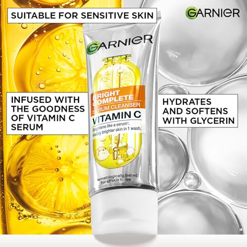 Image of Garnier Vitamin C + Serum Face Wash | Visibly Brighter Skin in Just 1 Wash | Gentle cleanser for Skin Brightening & Tan Removal | For dry, oily, sensitive skin | Facewash for Women & Men | 100gm