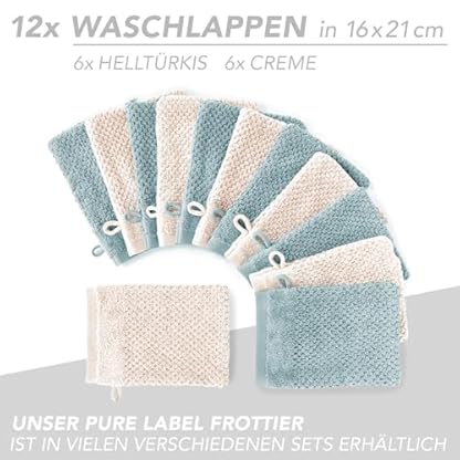 Pure Label 12-TLG. Waschhandschuh Waschlappen Set mit Anhängeschlaufe aus 100% Baumwolle, saugstark, weich und Oeko-TEX Zertifiziert - 12 Waschlappen aus Baumwolle 16x21cm, Creme | Türkis – Bild 4