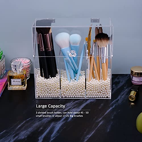 Makeup Brush Holders With Cover, Dust-Proof Lid, Acrylic Makeup Storage Box With Pearls Beads, Large Capacity Brush Organizer for Dressing Table
