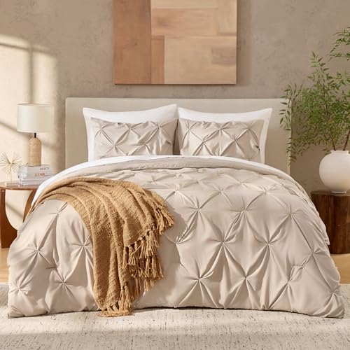 Image of Andency Oversized King Pinch Pleat Comforter Set (120 inchx98 inch),3 Piece Lightweight Pintuck Bedding Comforters & Sets, Fluffy Down Alternative Comforter with 2 Pillow Shams for All Season,Wheat
