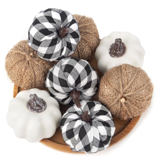 DomeStar 8PCS Pumpkins Decorations, Fake Faux Foam Fabric Black and White Pumpkins for Decorating Fall Harvest Farmhouse Halloween Thanksgiving Table Centerpieces Decor