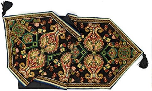 Tache Rococo Elegant Ornate Black Green Paisley Dining Cotton Linen Tapestry Woven Table Runner with Tassels 13x72 image 2