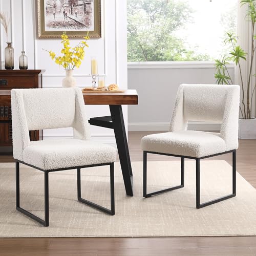 Image of Zesthouse Upholstered Dining Chairs Set of 2, Modern Dining Room Chairs with 4.1 inch Thickened Cushion & Metal Legs, White Boucle Fabric Kitchen Chair with Padded High Back, Heavy Duty Kitchen Chair