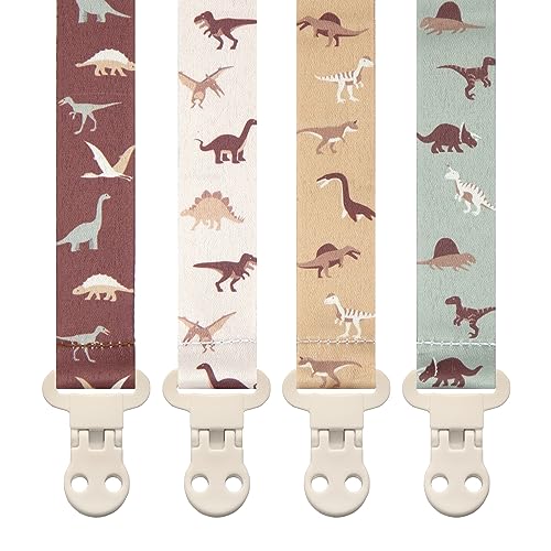Image of Stadela Baby Pacifier Clip Holder - Girl or Boy Unisex 4 Pack Gift Set – Boho Modern Neutral Neutral Dinosaur (Rex)