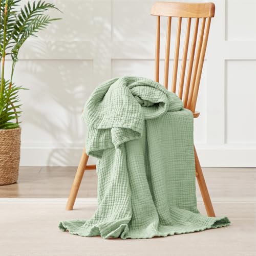 Image of 100% Cotton Muslin Blanket Large 50 inch x 70 inch, 6 Layers Breathable and Lightweight Cotton Throw Blanket for Bed and Couch, Soft Quilt Bedspread, Gauze Blanket for Adults All Season, Sage Green
