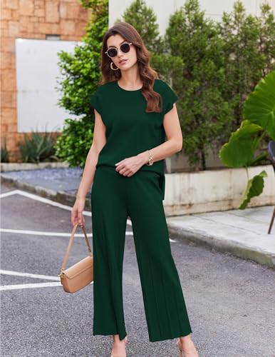 Image of Ekouaer Lounge Sets for Women Two Piece Outfits Knit Cap Sleeve Tops Wide Leg Pleated Pants Casual Dressy Sweater Sets
