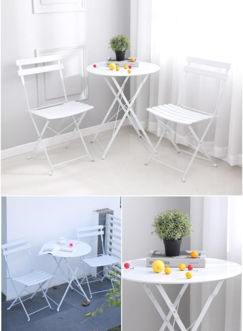 REENEW ガーデンテーブルセット ベランダのテーブルと椅子のセット カジュアルなテーブルと椅子の組み合わせ 3つのセット 折り畳み 組み立て不要 1ラウンドテーブル2椅子 直径60cm 庭 鉄細工 カジュアル アウトドア キャンプ おくがい おくない バルコニー テーブル用 業務用（白い椅子）