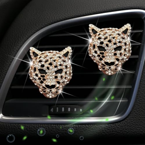 Image of Golden Leopard Head Car Air Vent Freshener Perfume Clip, Rhinestone Car Air Outlet Fragrance Perfume Clip Freshener, Decor（Odor Random）