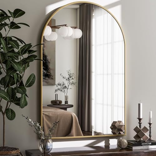 Image of HARRITPURE Arched Wall Mirror - 26 inchx38 inch Arch Bathroom Mirror Metal Frame Vanity Mirror for Bedroom, Entryway Dresser Decor, Gold