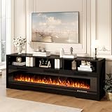 PRETZI 65' Fluted Fireplace TV Stand with 60' Glass Electric Fireplace for TVs Up to 75 inch, Modern Fireplace Entertainment Center with Open Storage Shelf, Media Console Cabiet for Living Room, Black