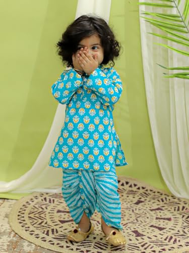 Image of BownBee Infant Pure Cotton Dhoti Kurta Set for Boys, Full Sleeve Kurta & Printed Dhoti Set for Baby Boys, Traditional Ethnic Wear for Kids Boy, Ideal for all Festivals