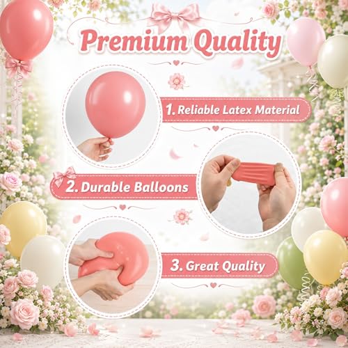 Image of Pink and Green Balloons, 60 Pcs 12 Inch Dusty Green Dusty Pink Ivory White Soft Yellow Latex Balloons for Baby Shower Birthday Gender Reveal Party Decorations