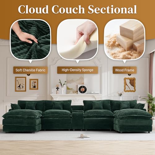 Image of 145 inch Oversized U Shaped Modular Sectional Sofa with Ottoman, Comfy Fluffy Soft Corduroy, Large Cloud Couch with USB Port, Cup Holder and Storage Central Console for Living Room, Green