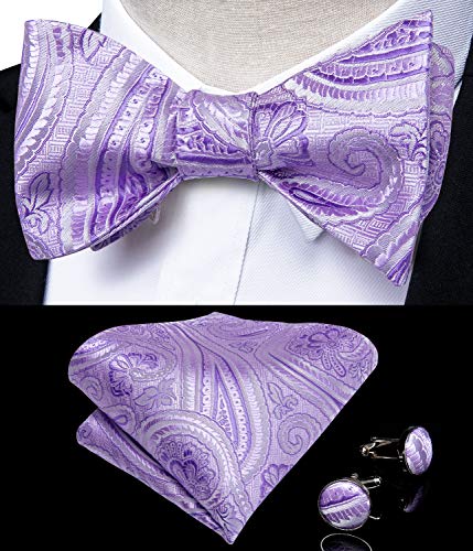 Image of DiBanGu Men Bow Tie Paisley Striped Self-Bow Tie for Men and Silk Woven Bowtie Pocket Square Cufflinks Wedding Party